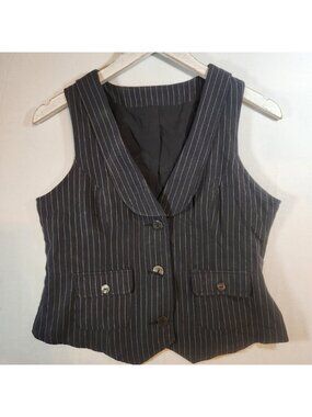 The Earth Collection Silk Cotton Pinstripe Vest Shawl Collar Charcoal Gray S